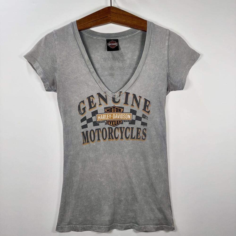 VTG Y2K Harley-Davidson Acid-Wash V-Neck T-Shirt - S